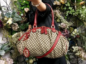 ●超美品●GUCCI グッチ●スーキー●ディアマンテ●キャンバス カーフ レザー●2way ハンド バッグ●ベージュ 赤 黒●G金具●A4●Js51229