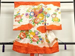 平和屋着物■七五三　女の子　3歳　祝着・長襦袢セット　駒刺繍　御所車草花文　暈し染め　金彩　逸品　CAAI4019ze