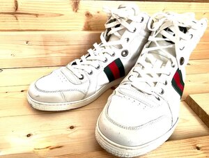 ■本物 グッチ GUCCI スニーカー ハイカット シェリーライン ロゴ レザー サイズ９ 白 ホワイト メンズ★