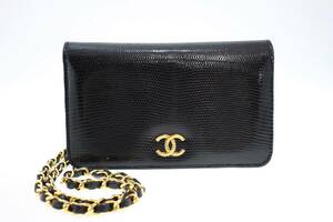 ◆ 美品 CHANEL / シャネル ココマーク プッシュロック フルフラップ チェーンショルダーバッグ リザード ブラック/ゴールド 肩掛け 135116