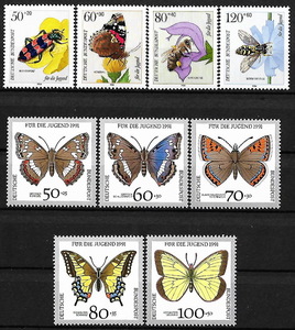 ★1984~1991年 -ドイツ- 「花と昆虫」4種完 + 「蝶」5種 未使用(MNH)(SC#B616-B619)(SC#B706-B711)★ZR-407