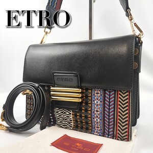 極美品　ETRO　エトロ　ショルダーバッグ　レインボー　刺繍　2way　ダークブラウン　メタルフラップ