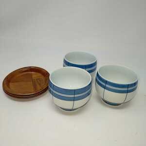 ●美品●龍栄 湯呑 茶托 本椿 3客セット 煎茶道具 湯呑受け コースター 木製 お茶 陶器 コップ S