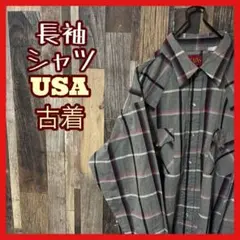 アメカジ L メンズ グレー チェック シャツ USA古着 90s 長袖