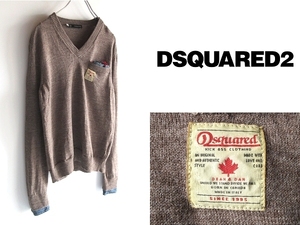 イタリア製 DSQUARED2 ディースクエアード 2013AW チェック柄チーフ付 デニムレイヤード/ドッキング ロゴワッペン ウール Vネックニット XS