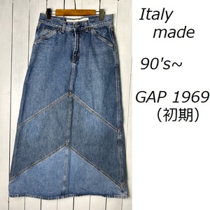 90s~ イタリア製 GAP 1969初期 切替えパッチワーク デニムロングスカート オールド ギャップ ヴィンテージ フレア マキシ丈●265