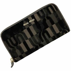 ミュウミュウ ラウンドファスナー 長財布 ブラウン 5M0506 美品 ジャカード レザー コットン 中古 miu miu