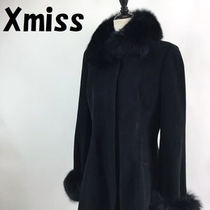 【人気】Xmiss/キスミス アンゴラ混 ロングコート ファー付き ファー取り外し可能 ブラック サイズ39 レディース/S4985