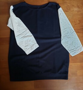 【4L】春 お洒落　切替えチュニック シャツ　長袖 紺 白 大きいサイズ レディース