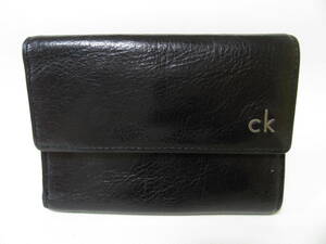 T8256☆【SALE】カルバンクライン Calvin Klein レザー 3つ折り財布 ウォレット コイン収納部あり ブラック 中古品 送料無料