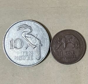 ザンビア　1ングェー　10ングェー　2枚セット　外国コイン　アンティーク　古銭　外国銭　ザンビアコイン