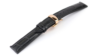 腕時計 交換 ベルト 16mm 黒 クロコダイル型押し 牛革 プッシュ式 Dバックル ピンクゴールド ar04bk-pd-p