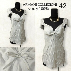 17 【ARMANI COLLEZIONI】 アルマーニコレツィオーニ ドット 刺繍 半袖 トップス ブラウス グレー 白 42 L シルク100％ イタリア製 薄手 