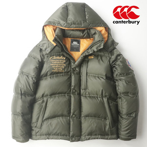 美品 CANTERBURY OF NEW ZEALAND カンタベリー 撥水ナイロン 袖ワッペン フード ダウンジャケット カーキ M【参考価格￥41,800-】