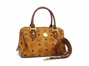 1円 ■美品■ MCM エムシーエム モノグラム ヴィセトス柄 レザー 2WAY ミニボストン ハンドバッグ ショルダー ライトブラウン系 FG0664