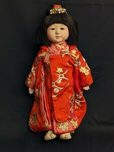 古い 市松人形 日本人形 女の子 錦紗 縮緬 着物 刺繍 身長約43cm