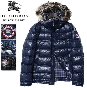 サイズL 新品 同様 BURBERRY BLACK LABEL 希少カラー ファー付き 3WAY ワッペン ダウン ジャケット 紺 コート バーバリー ブラックレーベル