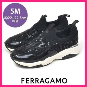 美品 サルヴァトーレフェラガモ Salvatore Ferragamo ビーズ バックロゴ スニーカー スリッポン ブラック 黒 5M(約22-22.5cm) sh24-1303