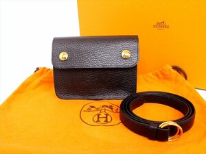 極美品☆HERMES【エルメス】トゴ レザーウエストバッグ☆ポシェットグリーン☆□A刻印☆ブラック×ゴールド金具☆ロゴ☆メンズ☆レディース