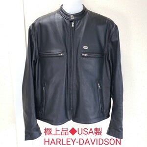 極上品◆USA製 HARLEY-DAVIDSON ハーレーダビッドソン 牛革レザー シングル ライダースジャケット(メンズL～XL)黒 ブラック BLK
