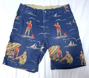 美品 POLO RALPHLAUREN ポロ ラルフローレン サーフプリント チノ ショーツ ショートパンツ W32 BLUE USED加工 RRL SURF NAVAL SHORTS