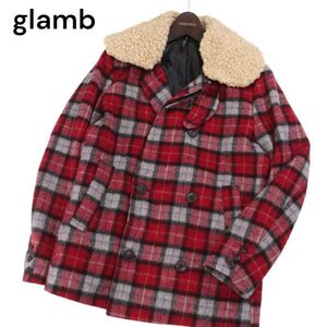 glamb グラム 秋冬 衿ボア★ 中綿 フランネル ウール チェック Pコート Sz.1　メンズ 日本製 赤　I3T02588_C#N