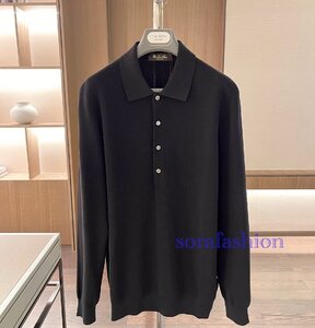 Loro Piana ロロピアーナ メンズ ニットセーター ポロシャツ 長袖Tシャツ トップス ブラック XLサイズ 綿 ニットカットソー 紳士服 無地