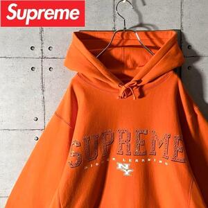 Supreme シュプリーム Gems ラインストーン カレッジロゴ プルオーバー スウェット パーカー オレンジ L　5856