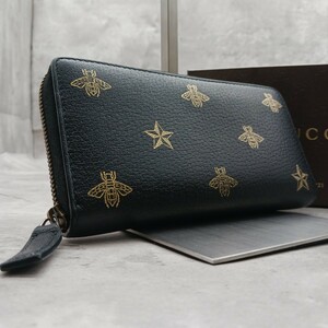 美品 参考定価¥95000 GUCCI グッチ 長財布 ラウンドファスナー ラウンドジップ アニマリエ ビー & スター レザー 革 黒 ユニセックス レア