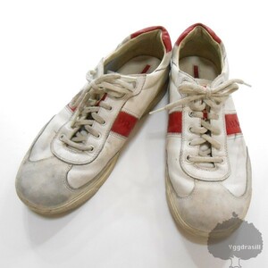YGG★本物 PRADA プラダスポーツ レザー スニーカー 7 白赤 シューズ プラスポ メンズ 靴