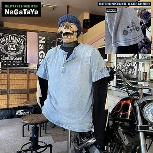 BETRUNKENER RADFAHRER ベェトォンナ ラドファ インディゴ ヘンリーネック 半袖 Tシャツ Lsize ユーズド加工 ブリーチ ブルー