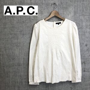 1O1398-O-N◆ A.P.C. アーペーセー 長袖シャツ ブラウス ノーカラー 総柄 パフスリーブ トップス◆size34 コットン ライトグリーン