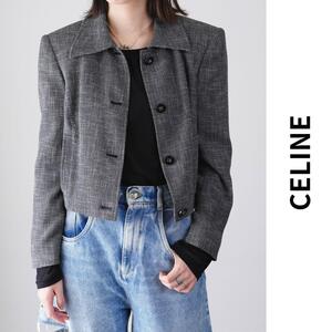 美品 CELINE セリーヌ ツイードジャケット ウールショート丈 グレー 裏地あり ロゴボタン オールドセリーヌ vintage 灰色 素材タグ印字滲み