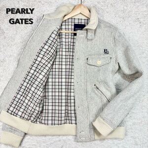 【美品希少サイズL】 PEARLY GATES パーリーゲイツ 【圧倒的高級感】 メンズ ニット ブルゾン アウター 刺繍 チェック リブ切替