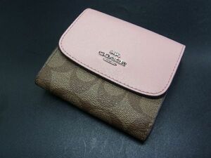 ■美品■ COACH コーチ シグネチャー PVC×レザー 二つ折り 財布 ウォレット 小銭入れ 札入れ ブラウン系×ピンク系 DG7064