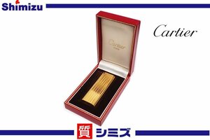 1円【Cartier】極美品 着火確認済 カルティエ ガスライター ストライプ ゴールドカラー ケース付 喫煙具 アクセサリー◆質屋