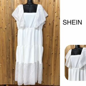 SHEIN ＊シーイン レディース3XL 半袖ワンピース ロングワンピース チェック ホワイト フレアワンピース 春夏 フェミニン 大きいサイズ