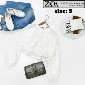 ZARA【S】ホワイト 長袖ブラウス トップス レディース タグ付き カジュアル 通勤フェミニン大人可愛いガーリー デイリー コットン生地 ザラ