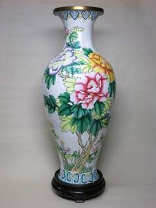 [大幸]　清末民国　琺瑯彩色花鳥絵飾花瓶　秀逸　高さ38cm　古い！！良美品　古玩　中国美術　古銅　七宝焼　銅胎