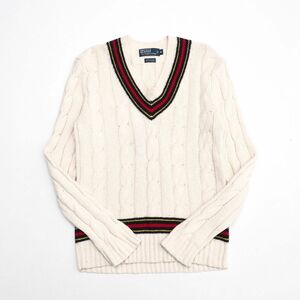 TH6279□ポロラルフローレン/Polo by Ralph Lauren*コットンカシミヤニット*ケーブル編み*Vネック*長袖チルデンセーター*メンズ*sizeM