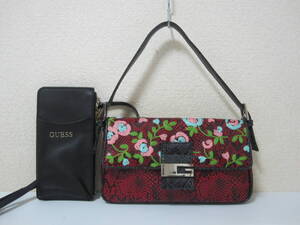 ＊GUESS＊美品 ゲス ハンドバッグ 肩掛けバッグ クラッチバッグ フラワー刺繍 スマホ入れポーチ 小物入れ 2点セット　