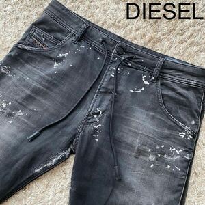 未使用級/DIESEL ディーゼル ジョグ jogg デニム ジーンズ ペイント加工 Gパン パンツ ストレッチ ジャージ レザーロゴパッチ ダメージ加工