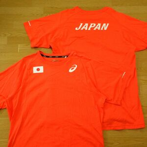 ◎美品！XL 2枚セット！asics アシックス 日本代表 陸上◆半袖 Tシャツ ドライ 速乾！支給品◆メンズ オレンジ まとめ売り◆CA0236