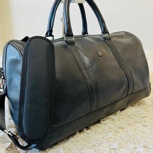 1円《美品》BALLY バリー ロゴプレート2way ボストンバッグ ショルダー ビジネス レザー シボ革 黒 ブラック メンズ A4 大容量