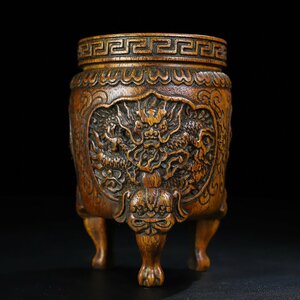◆古風堂◆ 旧藏 ペン立て 書道 筆桶 彫刻 龍 木製 9.5cm*9.5cm*15cm 386g