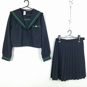 1円 セーラー服 スカート 上下2点セット 大きいサイズ 冬物 緑2本線 女子 学生服 大阪春木中学 紺 制服 中古 ランクC NA1814