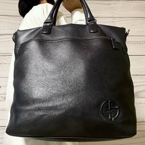 【大容量/美品】GIORGIO ARMANI ジョルジオアルマーニ トートバッグ ビジネス ブリーフケース メンズ 肩掛け 鞄 A4収納 PC レザー ブラック