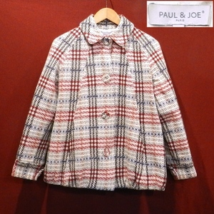 PAUL & JOE ポール＆ジョー デザイン 太糸 ツイード ウール ジャケット ハーフコート シングル トレンチ チェック柄 36 / S