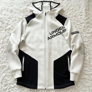 美品 XLサイズ UNDER ARMOUR ハイブリッドフーディジャケット 高ストレッチ パーカー ホワイト ブラック アンダーアーマー メンズ 白 黒