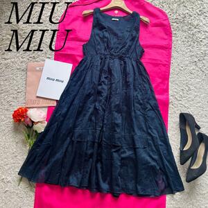 【良品】MIU MIU ロングフレアワンピース 36 ギャザー カシュクール ミュウミュウ M ノースリーブ